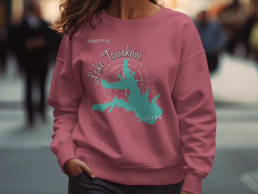 Pink sweatshirt with Lake Tawakoni Texas map graphic and compass.