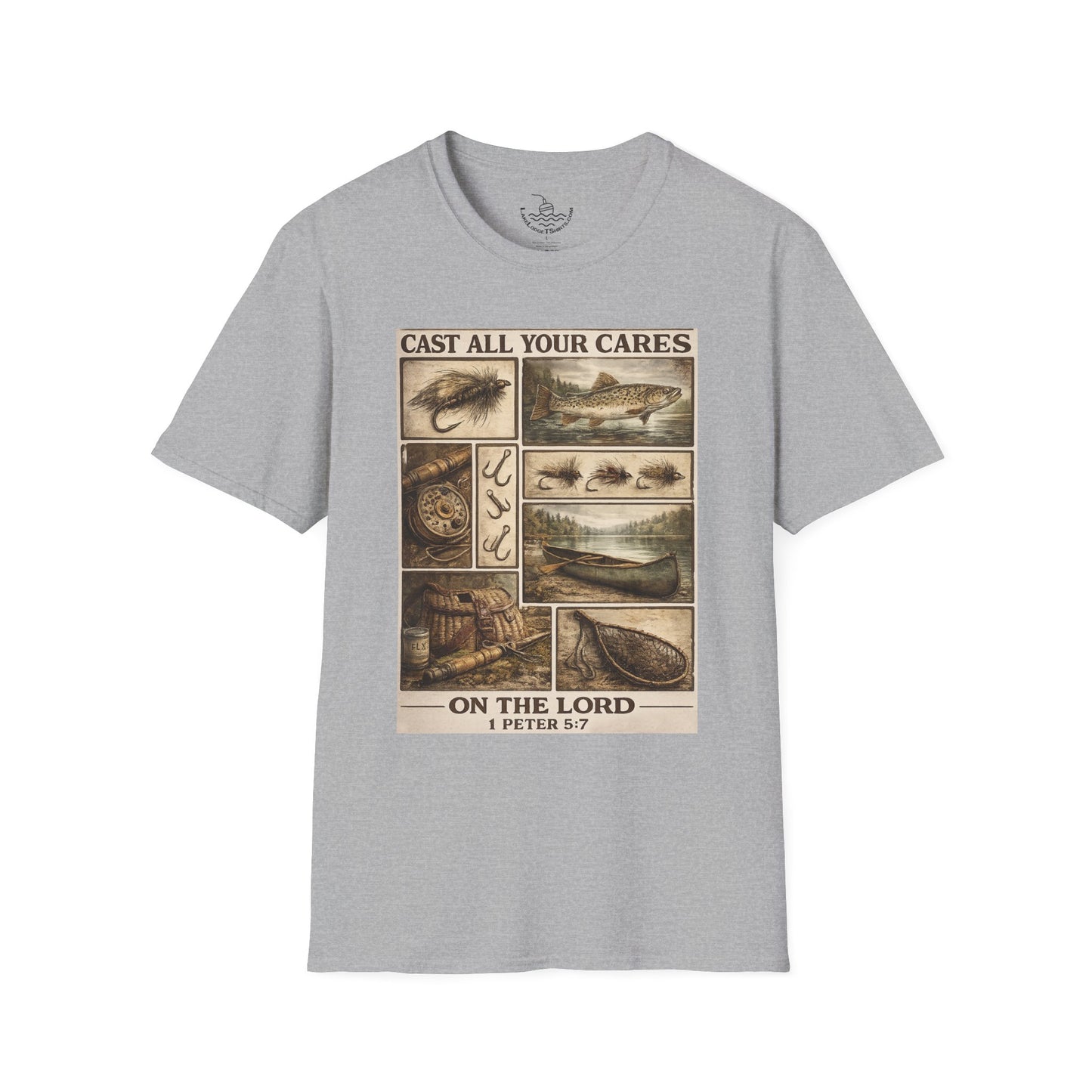 Fly Fishing Cast All Your Cares Upon the Lord Scripture T-Shirt | 1 Peter 5:7 Bible Verse for Fisherman, Father's Day