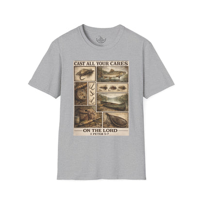 Fly Fishing Cast All Your Cares Upon the Lord Scripture T-Shirt | 1 Peter 5:7 Bible Verse for Fisherman, Father's Day