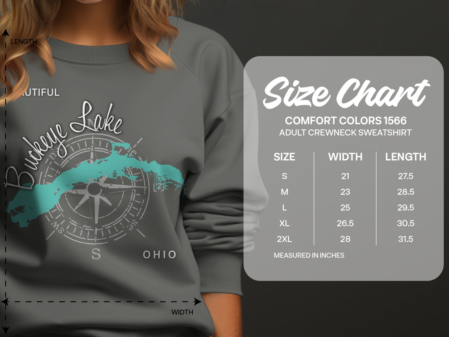 Crewneck sweatshirt size chart with Ohio map graphic.