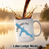 White mug with "Lake Darling Iowa" and compass design with coffee pouring.