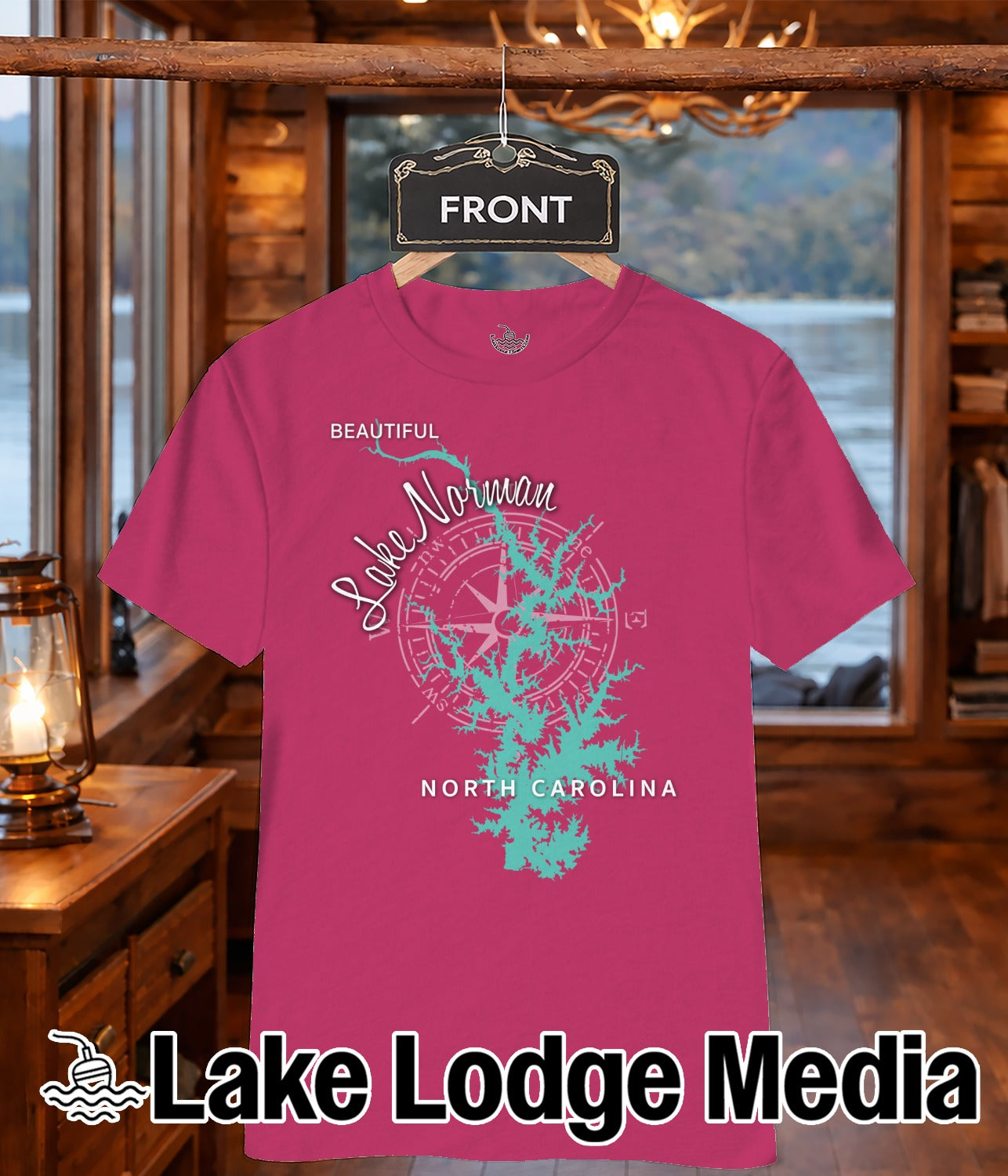 Pink t-shirt with a compass rose design and "Lake Norman" and "North Carolina" text.