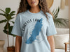 Light blue t-shirt with Carlyle Lake Illinois map and compass design