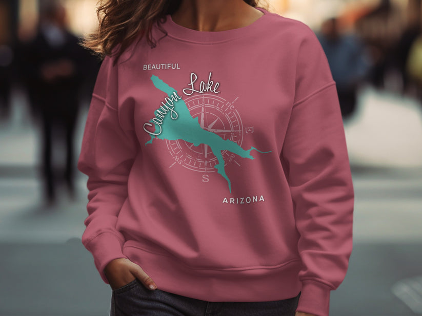 Teal Canyon Lake Arizona graphic on a maroon crewneck sweatshirt.