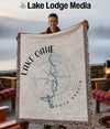 Fringed blanket with Lake Oahe, South Dakota map and compass design.