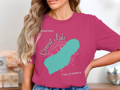 Pink t-shirt with a teal outline map of the Cowichan Lake.