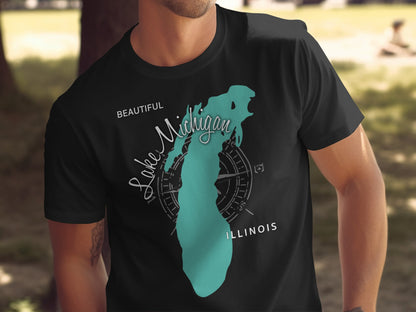 Black t-shirt with teal Lake Michigan outline and compass rose graphic.