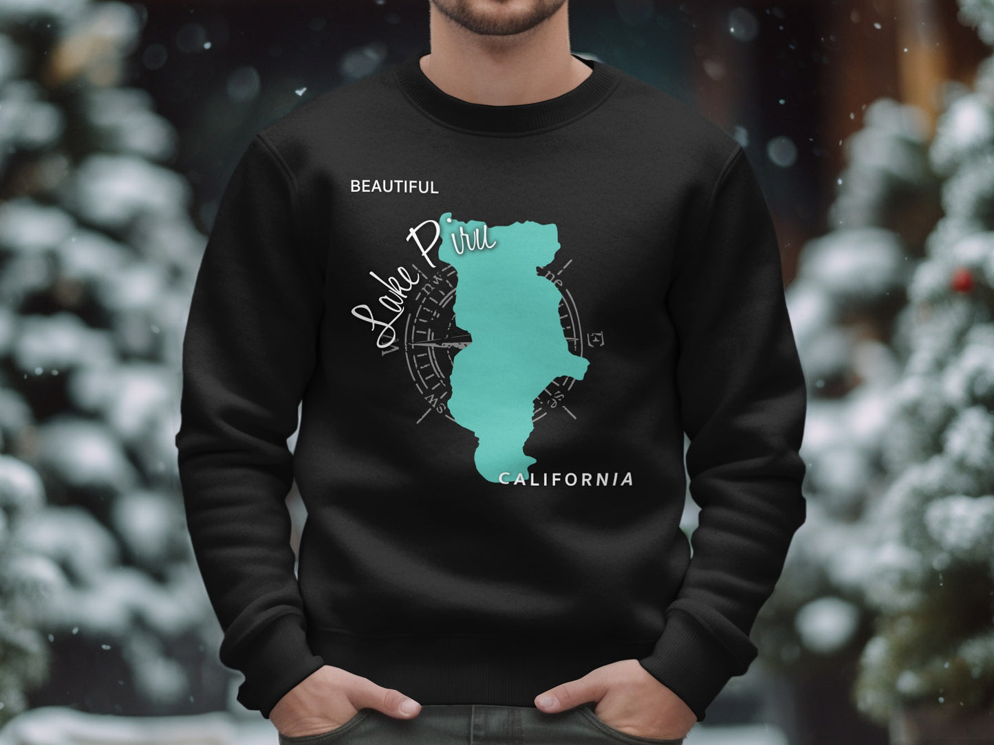 Black sweatshirt with teal Lake Piru map outline and "CALIFORNIA" text.