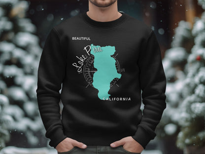 Black sweatshirt with teal Lake Piru map outline and "CALIFORNIA" text.