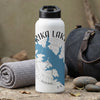 White water bottle with blue map graphic and "RIKA LAKE" text.