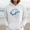 White hoodie with "Ashokan Lake New York" map and compass graphic.