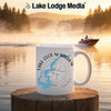 Mug with "Lake Cecil M Harden Indiana" text and map design on a lake background.