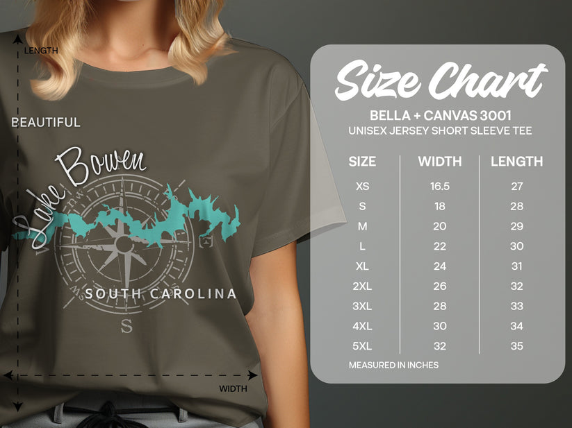 Lake Bowen South Carolina graphic on Bella + Canvas 3001 t-shirt size chart.