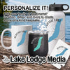 Mug, tumbler, bottle, and coaster featuring Redfish Lake design and "Lake Lodge Media" logo.