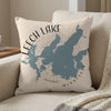 Light beige pillow with Leech Lake, Minnesota map and compass graphic.