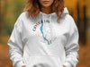 White hoodie with Cayuga Lake map and compass design and text.