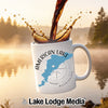 White mug with "American Lake Washington" map and compass graphic.