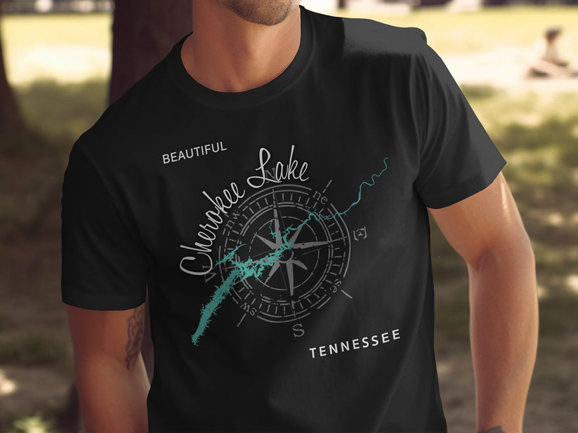 Black t-shirt with "Cherokee Lake Tennessee" and compass rose graphic.