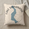 Cream pillow with blue Lake Sammamish map and compass rose graphic.
