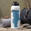 White water bottle with blue Piru map design and "CALI" text.