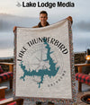 Woven blanket featuring Lake Thunderbird map and Oklahoma text with compass design.