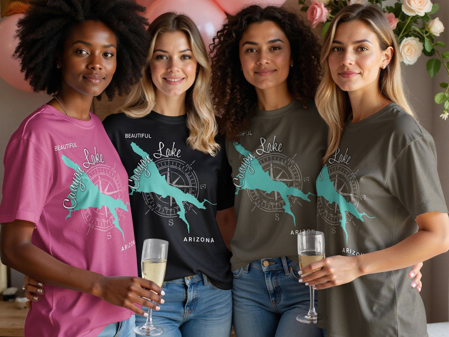 Four women in t-shirts with "Canyon Lake Arizona" compass graphic.