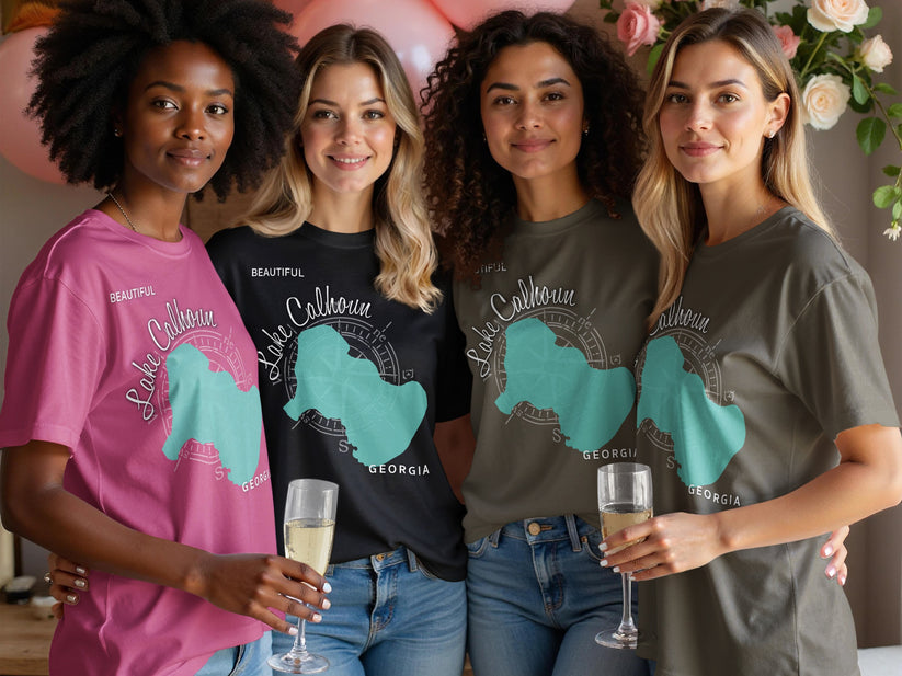 Four women wearing t-shirts with "Beautiful Lake Calhoun, Georgia" map graphic.