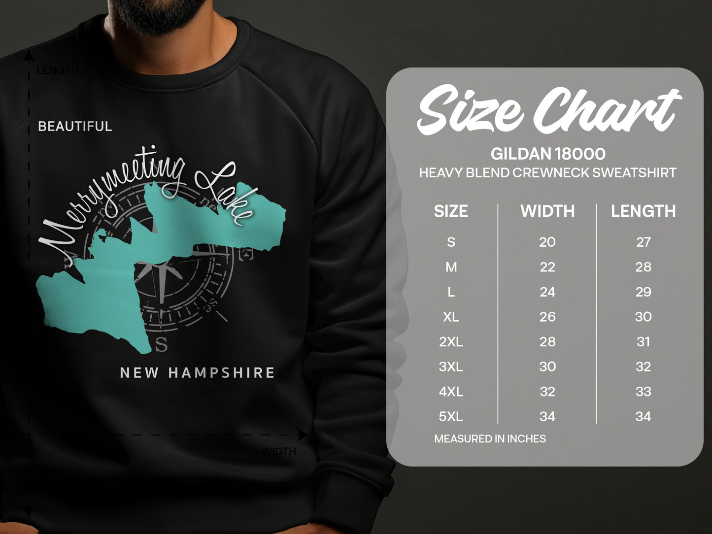 Merrymeeting Lake New Hampshire graphic on a Gildan 18000 sweatshirt size chart.