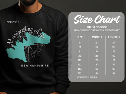 Merrymeeting Lake New Hampshire graphic on a Gildan 18000 sweatshirt size chart.