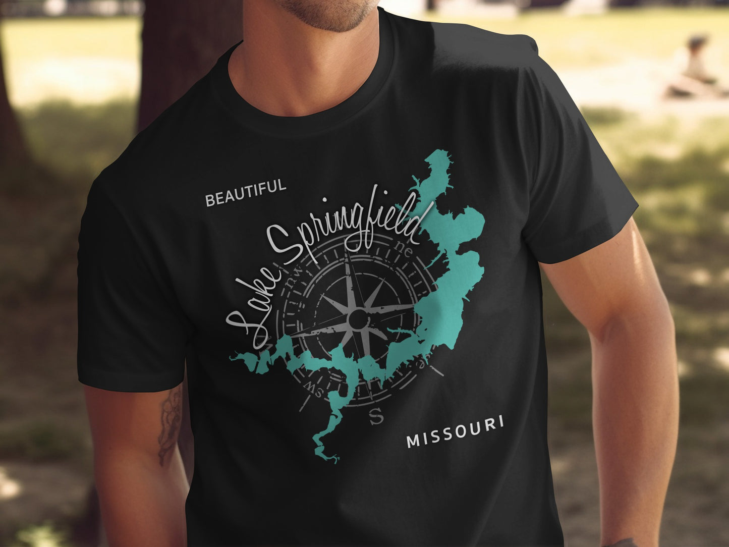 Black t-shirt with Lake Springfield map and compass graphic.