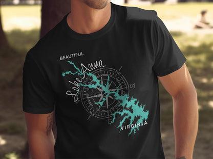 Black t-shirt with a teal compass rose and Lake Anna, Virginia design.