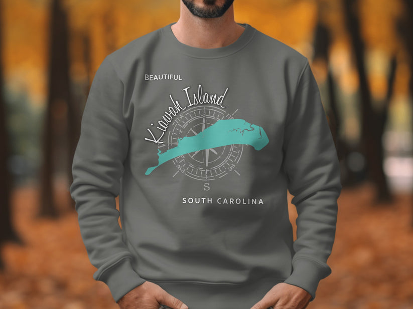 Grey sweatshirt with "Kiawah Island, South Carolina" text and map graphic.