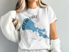 White t-shirt featuring a blue Clear Lake, California map and compass.