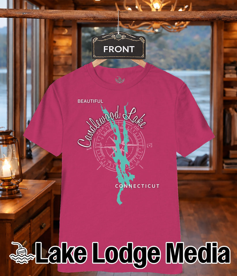 Pink t-shirt with compass rose, "Beautiful Candlewood Lake, Connecticut" text, and "Lake Lodge Media" logo.