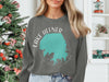 Dark grey crewneck sweatshirt with Lake Hefner Oklahoma map graphic and compass rose.
