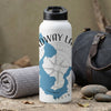 White water bottle with blue map graphic and text "midway lake south"