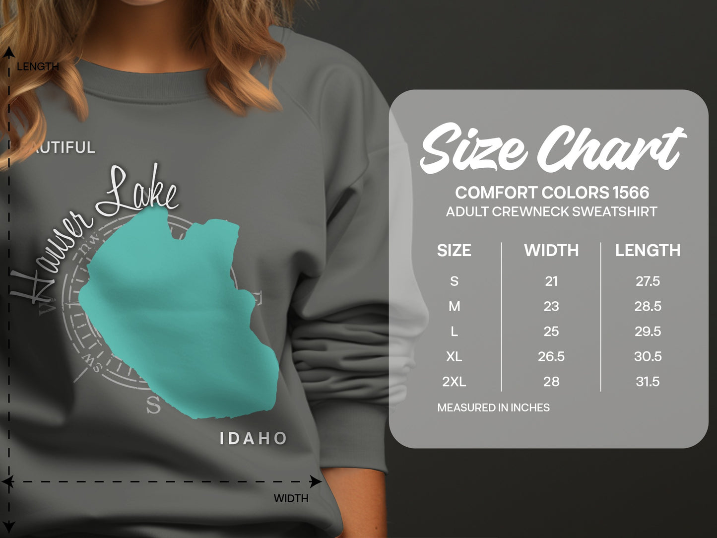 Comfort Colors 1566 adult crewneck sweatshirt size chart with measurements.