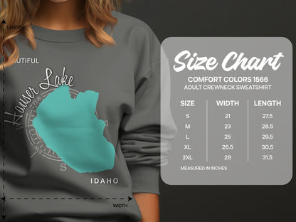 Comfort Colors 1566 adult crewneck sweatshirt size chart with measurements.