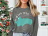 Grey crewneck sweatshirt with Walden Pond, Massachusetts map and compass design.