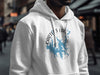 White hoodie with Carters Lake Georgia map graphic and compass rose detail.