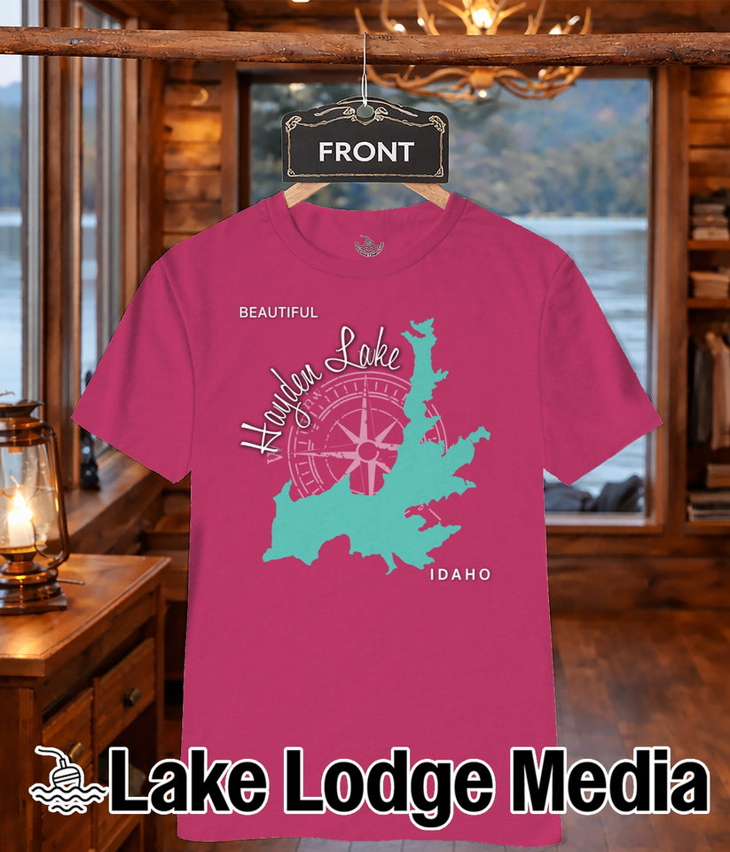 Fuchsia t-shirt with "Beautiful Hayden Lake Idaho" compass graphic.