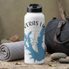 White water bottle with black lid, featuring blue map design and "VERAS LA" text.