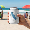 White koozie on a can held by a hand, featuring a Gull Lake, Michigan map design.