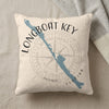 Pillow with blue Longboat Key Florida map, compass rose, and "Longboat Key Florida" text.