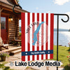 Garden flag with red and white stripes, blue Yale Lake outline, and "The Smith Family".