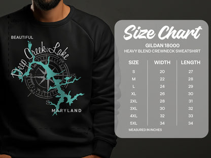 Gildan 18000 sweatshirt size chart with Deep Creek Lake map graphic.