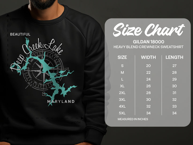 Gildan 18000 sweatshirt size chart with Deep Creek Lake map graphic.