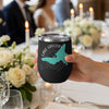 Black tumbler with turquoise Lake Gregory outline and compass design.