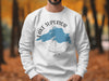 White sweatshirt with Lake Superior map and compass graphic, and "Wisconsin" text.
