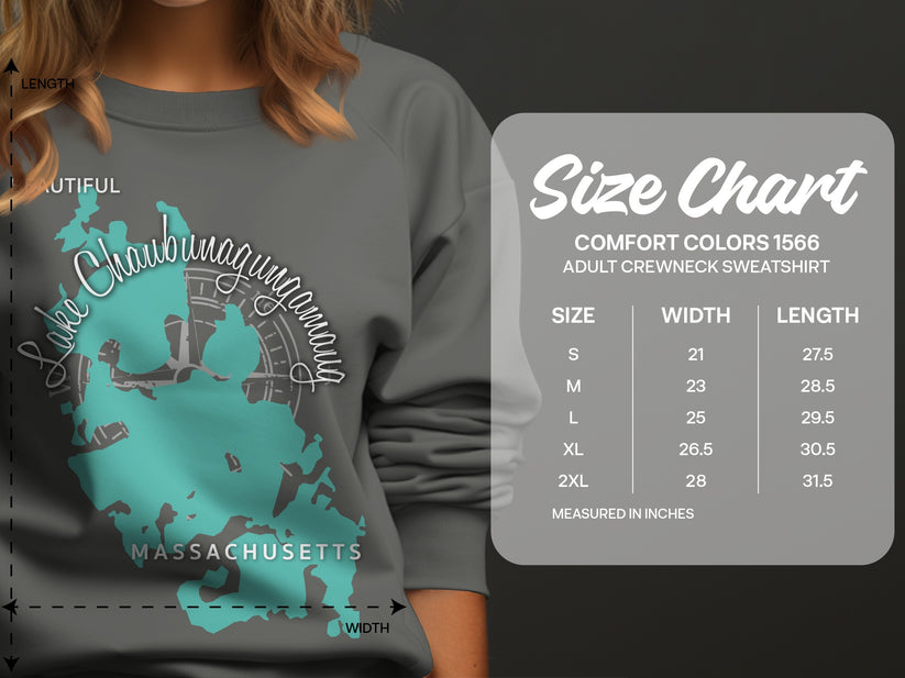 Comfort Colors 1566 sweatshirt size chart with measurements in inches.